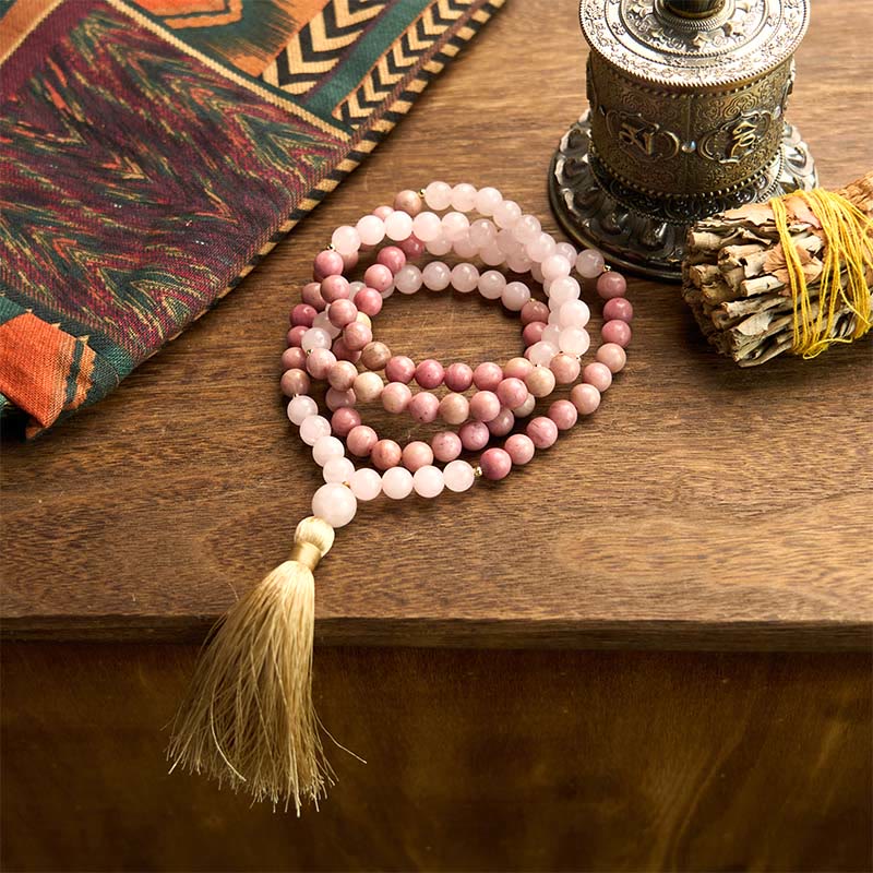 Buddha Stones 108 Mala Beads Rhodonite Rosa Quarzo Nappa Braccialetto Curativo