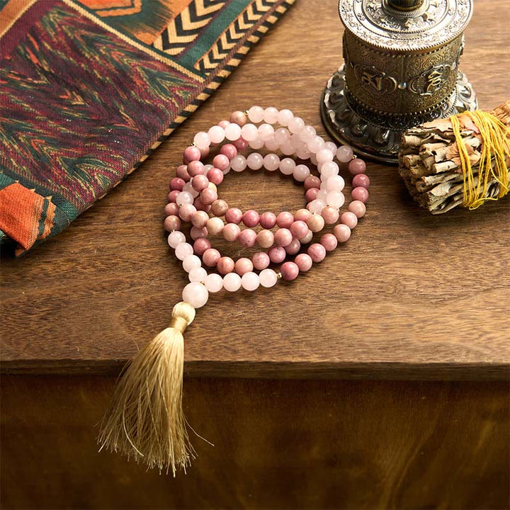 Buddha Stones 108 Mala Beads Rhodonite Rosa Quarzo Nappa Braccialetto Curativo
