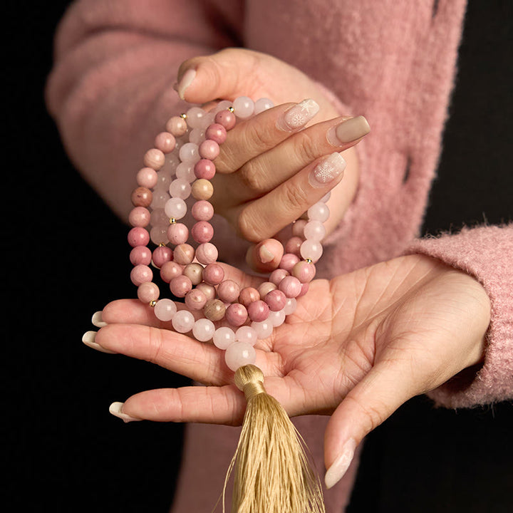 Buddha Stones 108 Mala Beads Rhodonite Rosa Quarzo Nappa Braccialetto Curativo