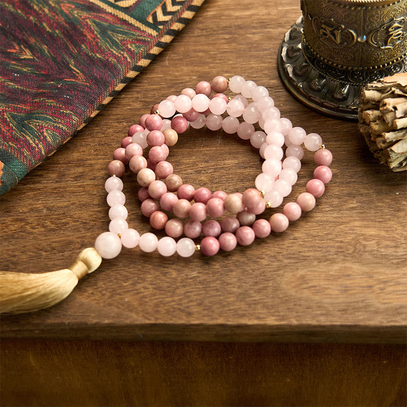 Buddha Stones 108 Mala Beads Rhodonite Rosa Quarzo Nappa Braccialetto Curativo