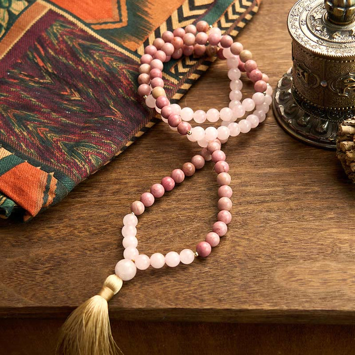 Buddha Stones 108 Mala Beads Rhodonite Rosa Quarzo Nappa Braccialetto Curativo