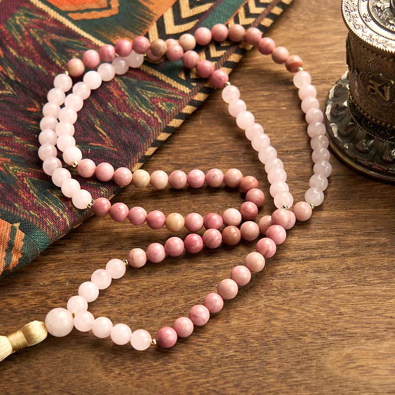 Buddha Stones 108 Mala Beads Rhodonite Rosa Quarzo Nappa Braccialetto Curativo