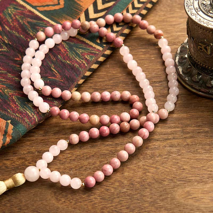 Buddha Stones 108 Mala Beads Rhodonite Rosa Quarzo Nappa Braccialetto Curativo