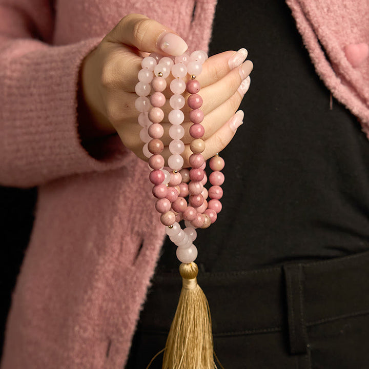 Buddha Stones 108 Mala Beads Rhodonite Rosa Quarzo Nappa Braccialetto Curativo