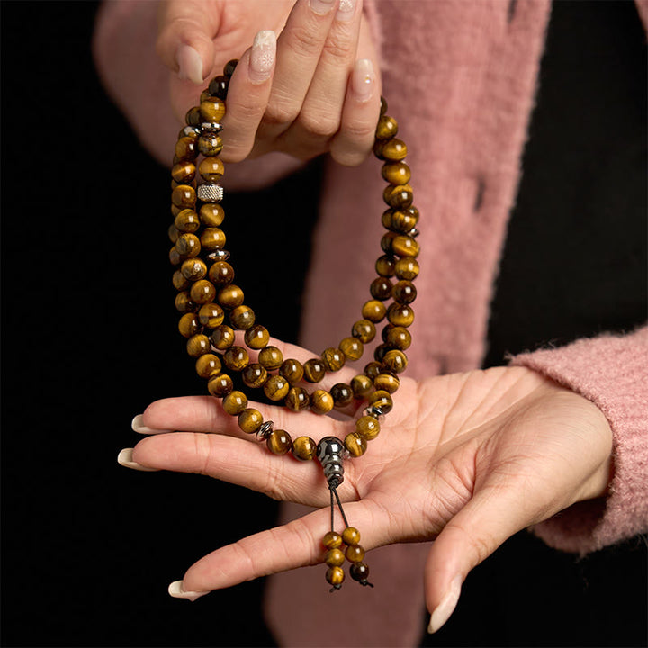 Buddha Stones 108 Mala Beads Pietra naturale Occhio di tigre Braccialetto di protezione multi-giro
