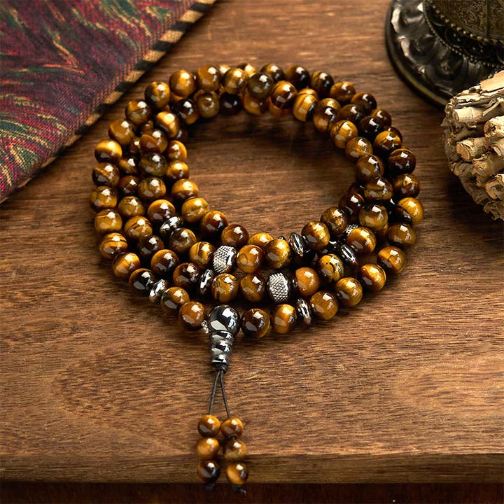 Buddha Stones 108 Mala Beads Pietra naturale Occhio di tigre Braccialetto di protezione multi-giro