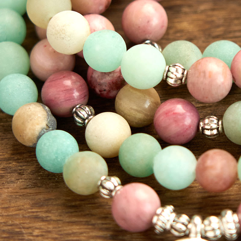 Buddha Stones 108 Mala Beads Rodonite Amazzonite Lotus Braccialetto curativo