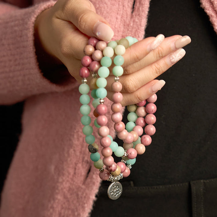 Buddha Stones 108 Mala Beads Rodonite Amazzonite Lotus Braccialetto curativo