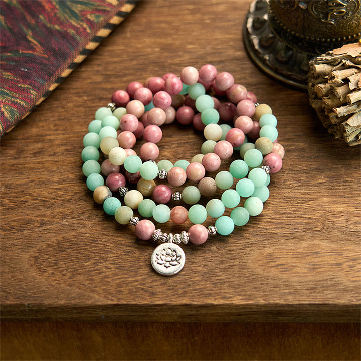 Buddha Stones 108 Mala Beads Rodonite Amazzonite Lotus Braccialetto curativo