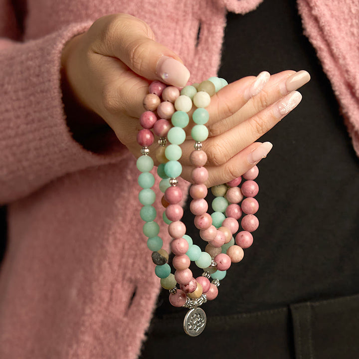 Buddha Stones 108 Mala Beads Rodonite Amazzonite Lotus Braccialetto curativo