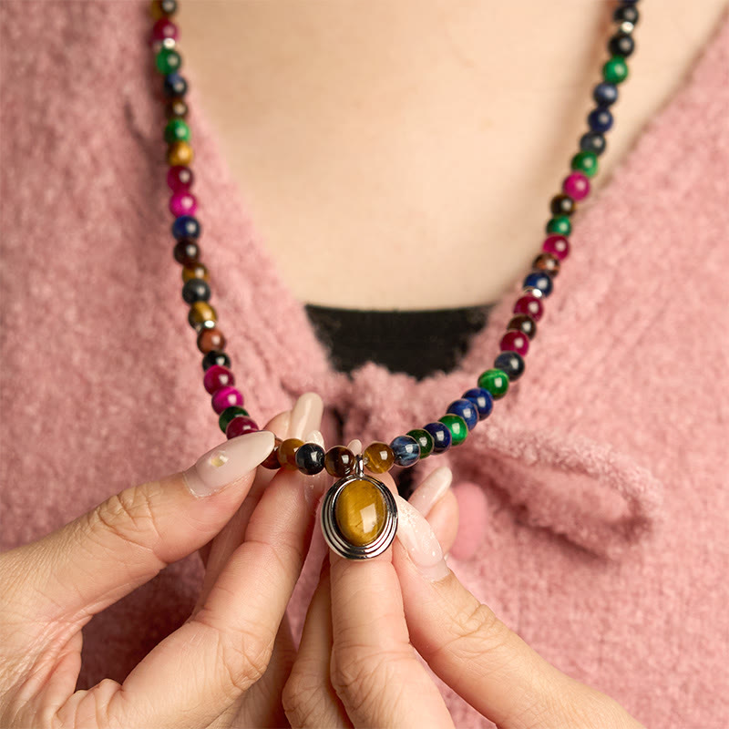 Buddha Stones 108 Mala Beads Naturali Occhio di Tigre Colorato Braccialetto di Protezione Multi-giro - image 5