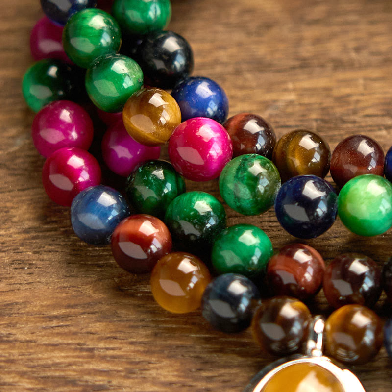 Buddha Stones 108 Mala Beads Naturali Occhio di Tigre Colorato Braccialetto di Protezione Multi-giro - image 6