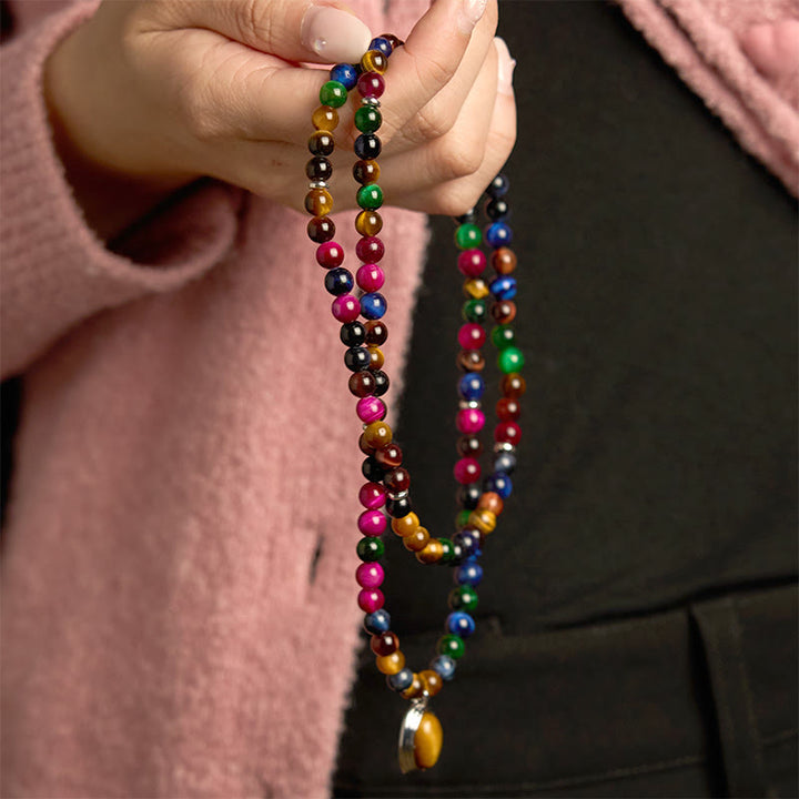 Buddha Stones 108 Mala Beads Naturali Occhio di Tigre Colorato Braccialetto di Protezione Multi-giro