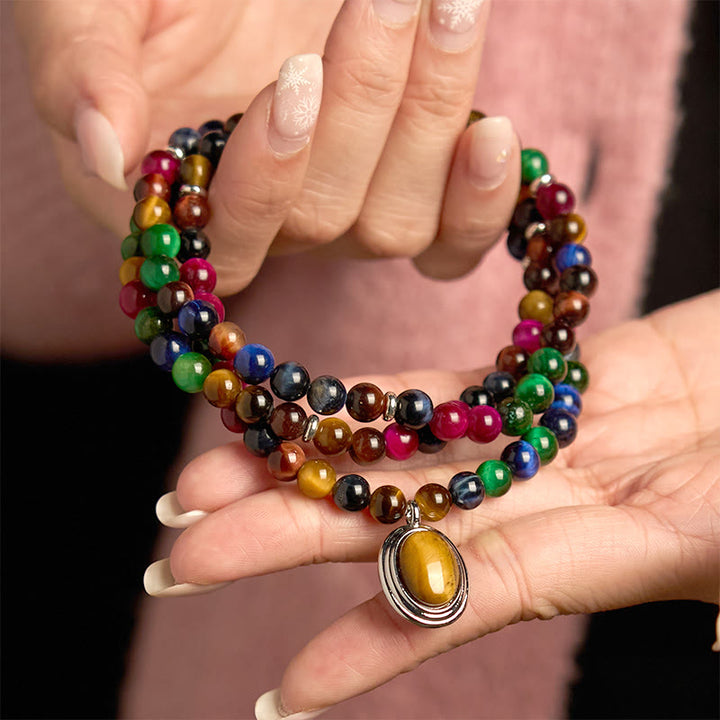Buddha Stones 108 Mala Beads Naturali Occhio di Tigre Colorato Braccialetto di Protezione Multi-giro