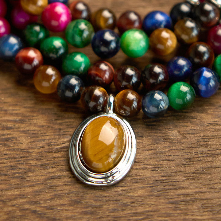Buddha Stones 108 Mala Beads Naturali Occhio di Tigre Colorato Braccialetto di Protezione Multi-giro
