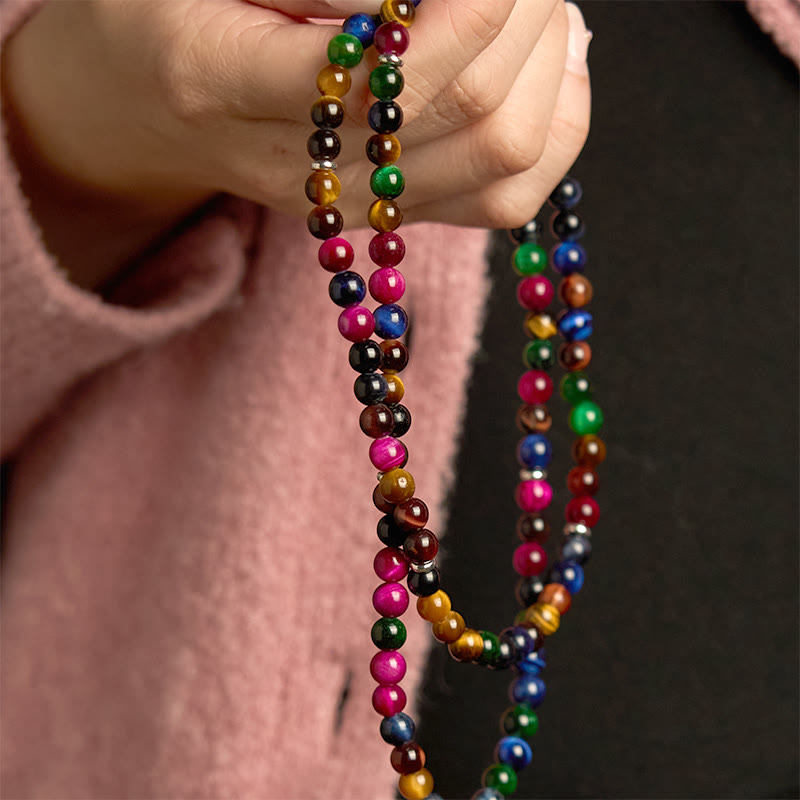 Buddha Stones 108 Mala Beads Naturali Occhio di Tigre Colorato Braccialetto di Protezione Multi-giro