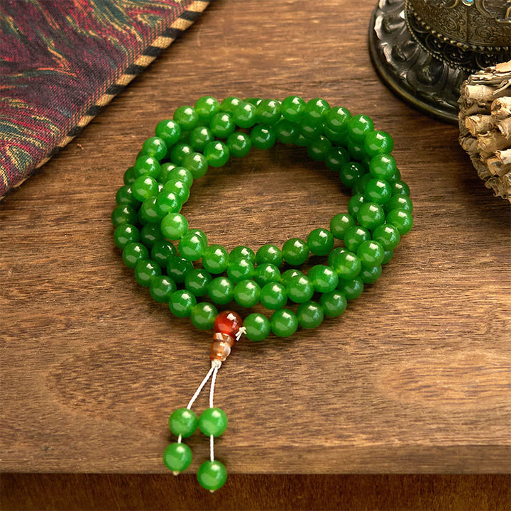 Buddha Stones 108 Mala Beads Braccialetto portafortuna in giada ciano naturale