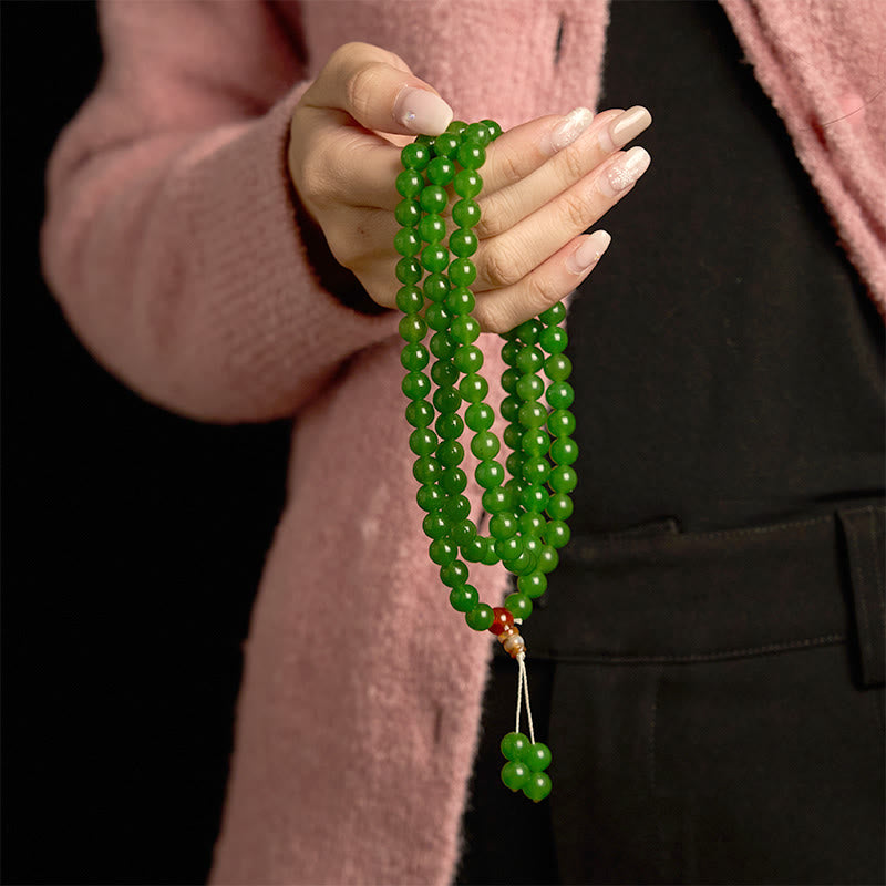 Buddha Stones 108 Mala Beads Braccialetto portafortuna in giada ciano naturale