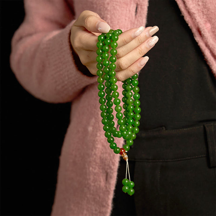 Buddha Stones 108 Mala Beads Braccialetto portafortuna in giada ciano naturale