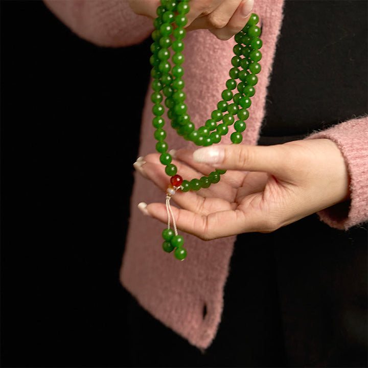 Buddha Stones 108 Mala Beads Braccialetto portafortuna in giada ciano naturale