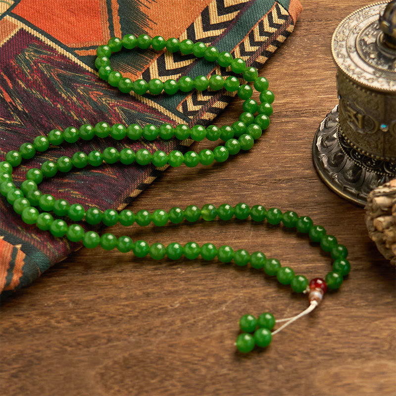 Buddha Stones 108 Mala Beads Braccialetto portafortuna in giada ciano naturale