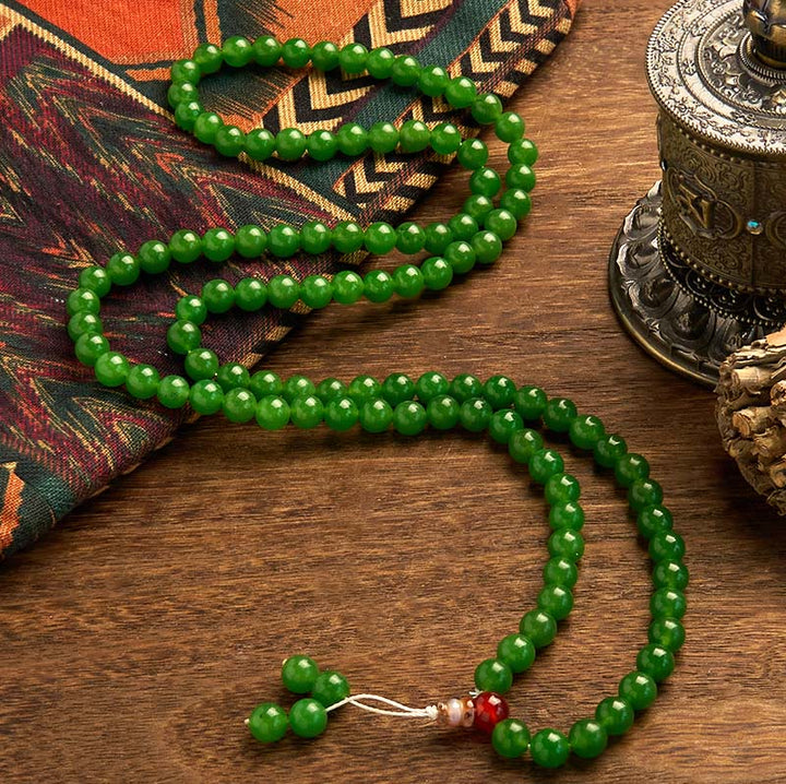 Buddha Stones 108 Mala Beads Braccialetto portafortuna in giada ciano naturale