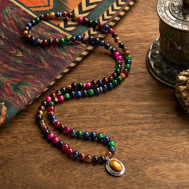 Buddha Stones 108 Mala Beads Naturali Occhio di Tigre Colorato Braccialetto di Protezione Multi-giro