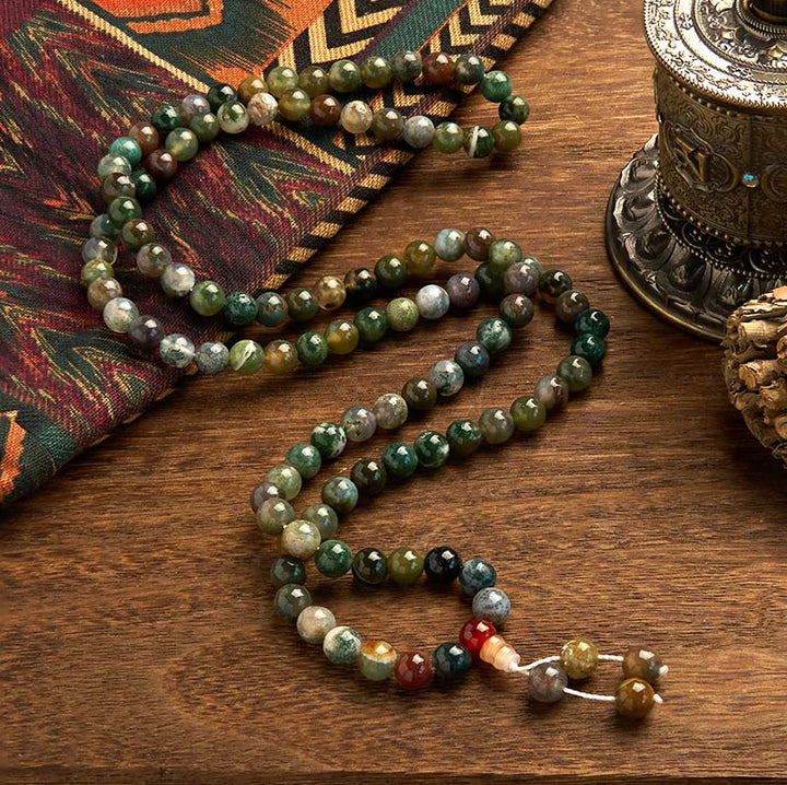 Buddha Stones 108 Mala Beads Pietra naturale Agata muschiata Bracciale multigiro di guarigione