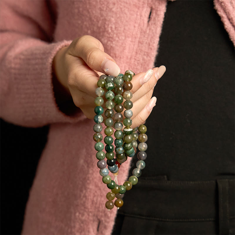 Buddha Stones 108 Mala Beads Pietra naturale Agata muschiata Bracciale multigiro di guarigione