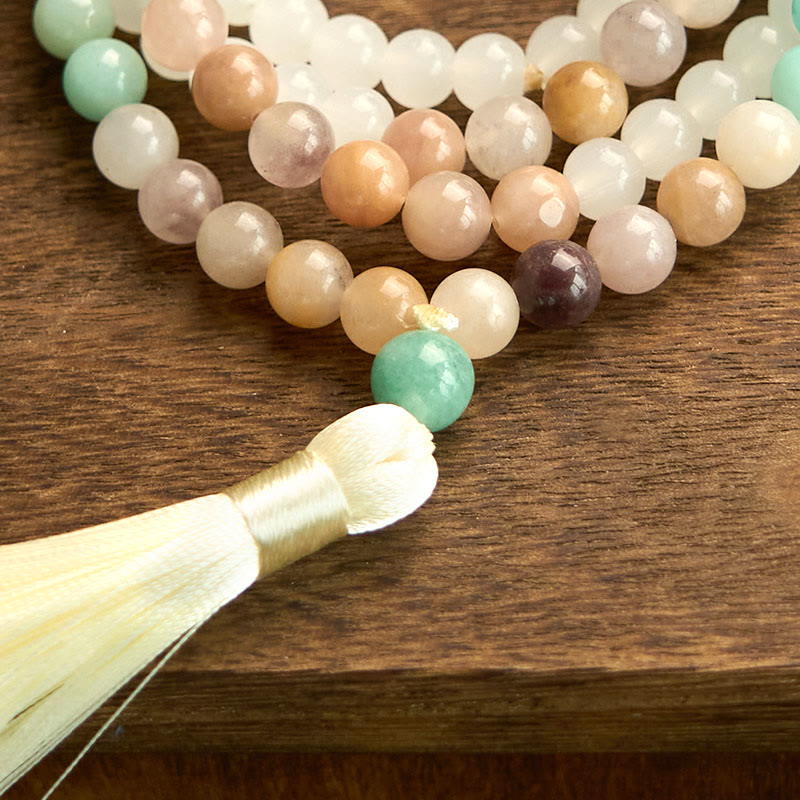 Buddha Stones 108 Mala Beads Natural White Jade Amazzonite White Tassel Braccialetto curativo