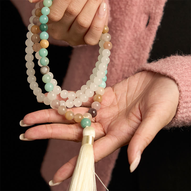 Buddha Stones 108 Mala Beads Natural White Jade Amazzonite White Tassel Braccialetto curativo