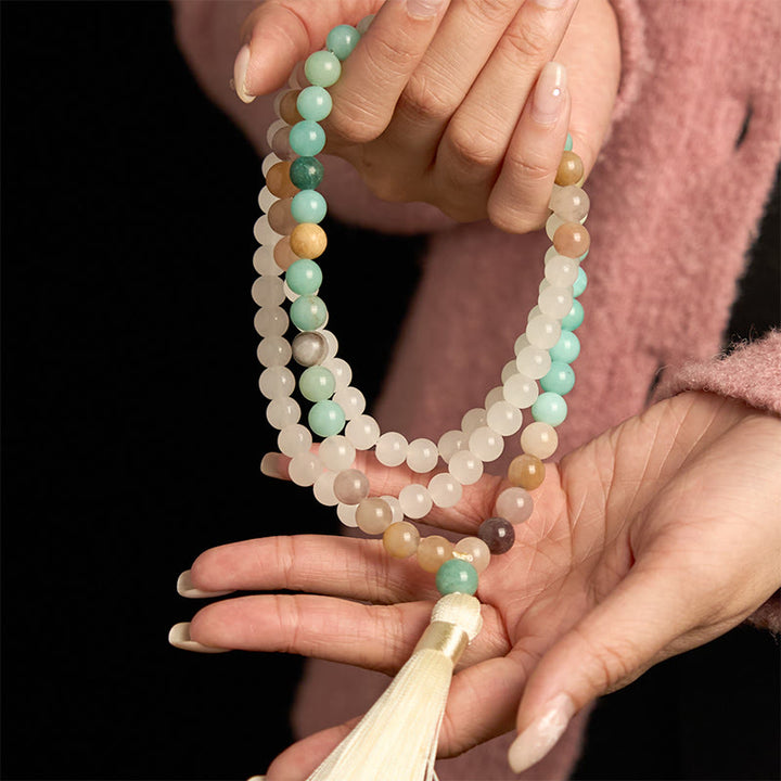 Buddha Stones 108 Mala Beads Natural White Jade Amazzonite White Tassel Braccialetto curativo