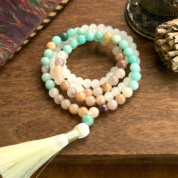 Buddha Stones 108 Mala Beads Natural White Jade Amazzonite White Tassel Braccialetto curativo