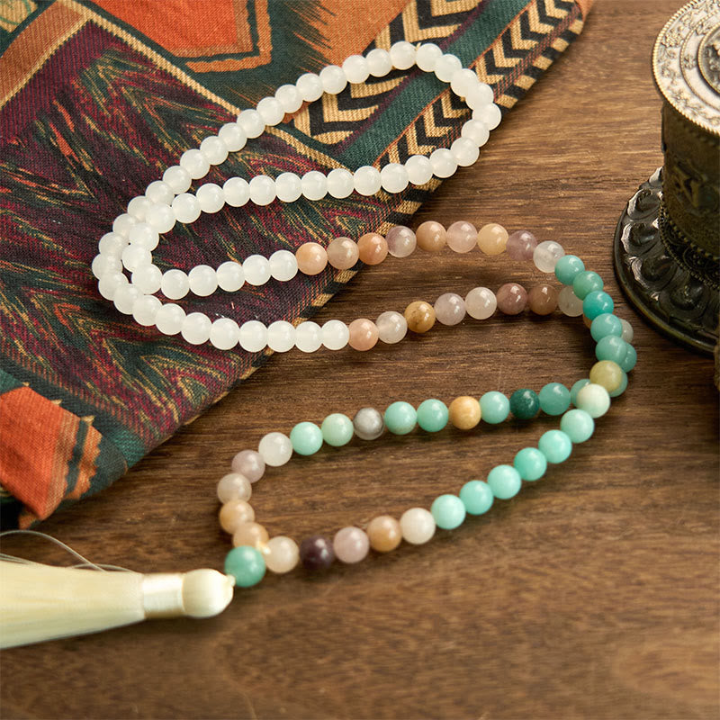 Buddha Stones 108 Mala Beads Natural White Jade Amazzonite White Tassel Braccialetto curativo