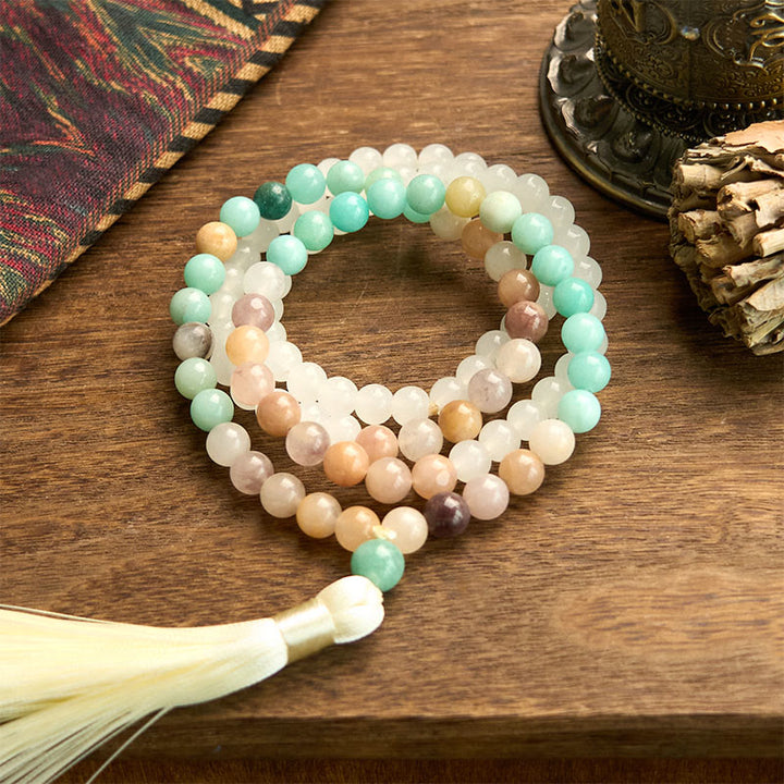 Buddha Stones 108 Mala Beads Natural White Jade Amazzonite White Tassel Braccialetto curativo