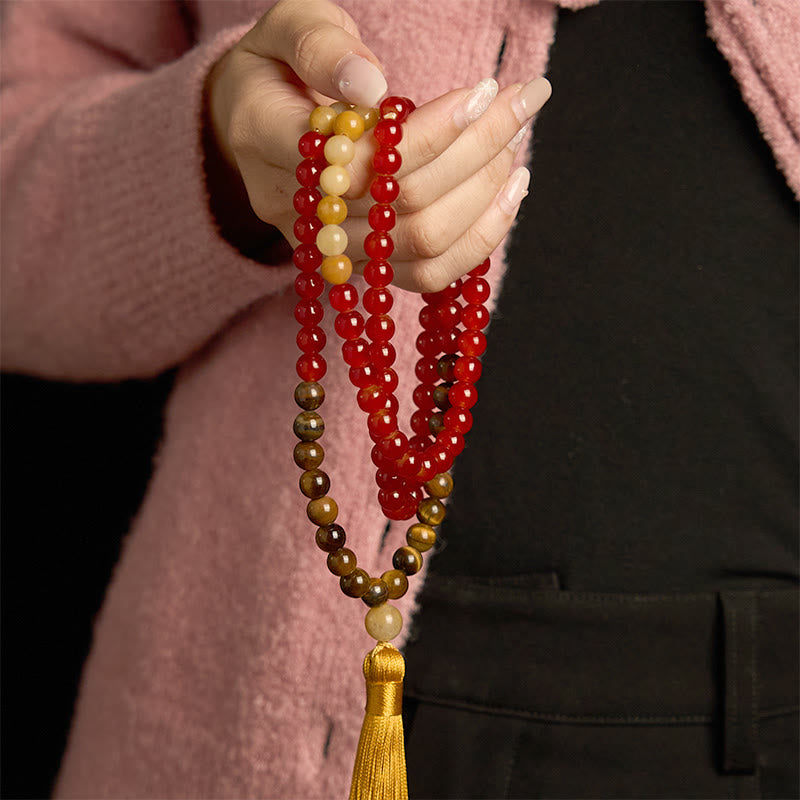 Braccialetto Buddha Stones 108 Mala Beads Agata rossa Occhio di tigre Nappa gialla Calma