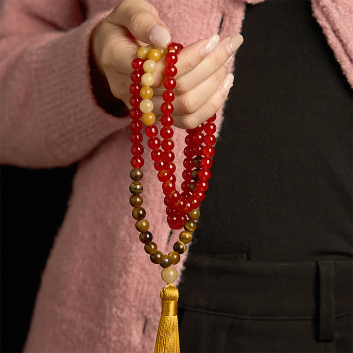 Braccialetto Buddha Stones 108 Mala Beads Agata rossa Occhio di tigre Nappa gialla Calma