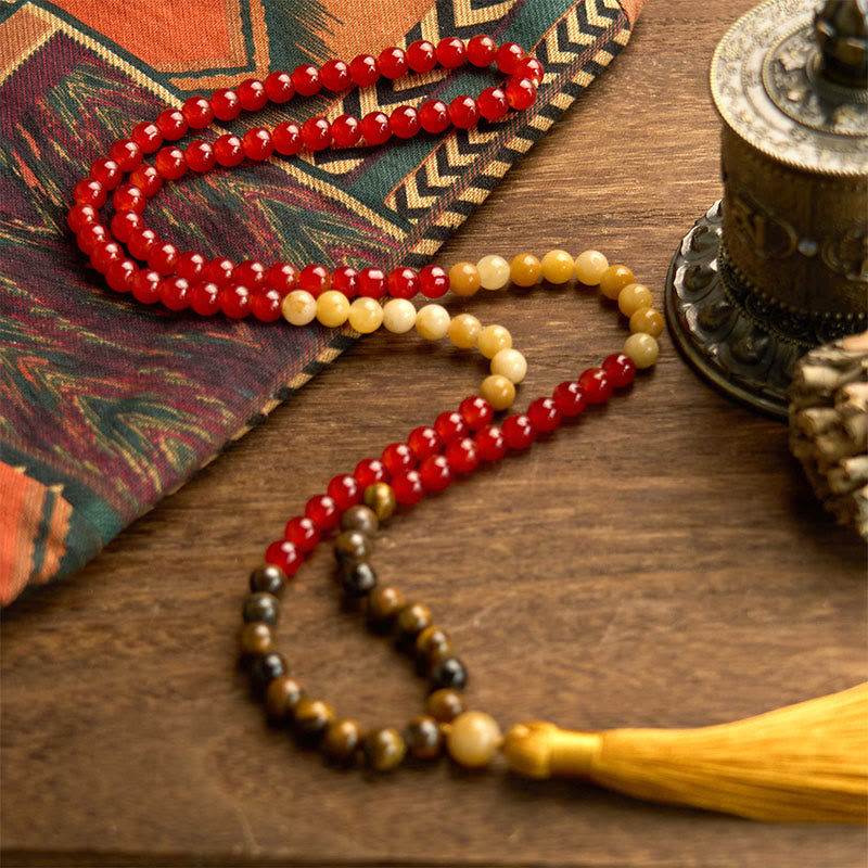 Braccialetto Buddha Stones 108 Mala Beads Agata rossa Occhio di tigre Nappa gialla Calma