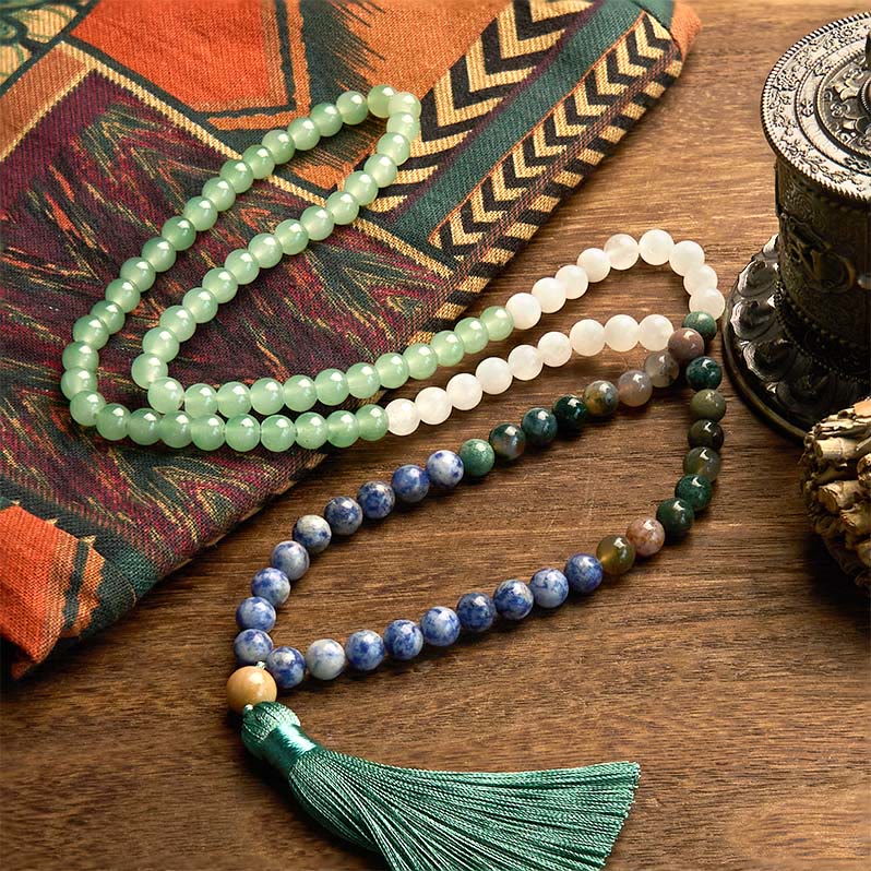 Buddha Stones 108 Mala Beads Natural Green Aventurina Blue Spot Jasper Agata indiana Green Tassel Bracciale portafortuna