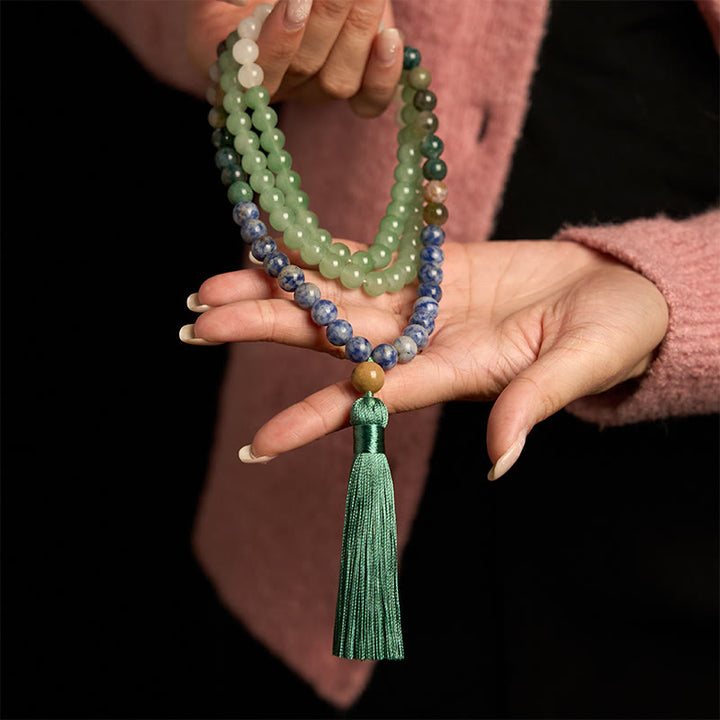 Buddha Stones 108 Mala Beads Natural Green Aventurina Blue Spot Jasper Agata indiana Green Tassel Bracciale portafortuna