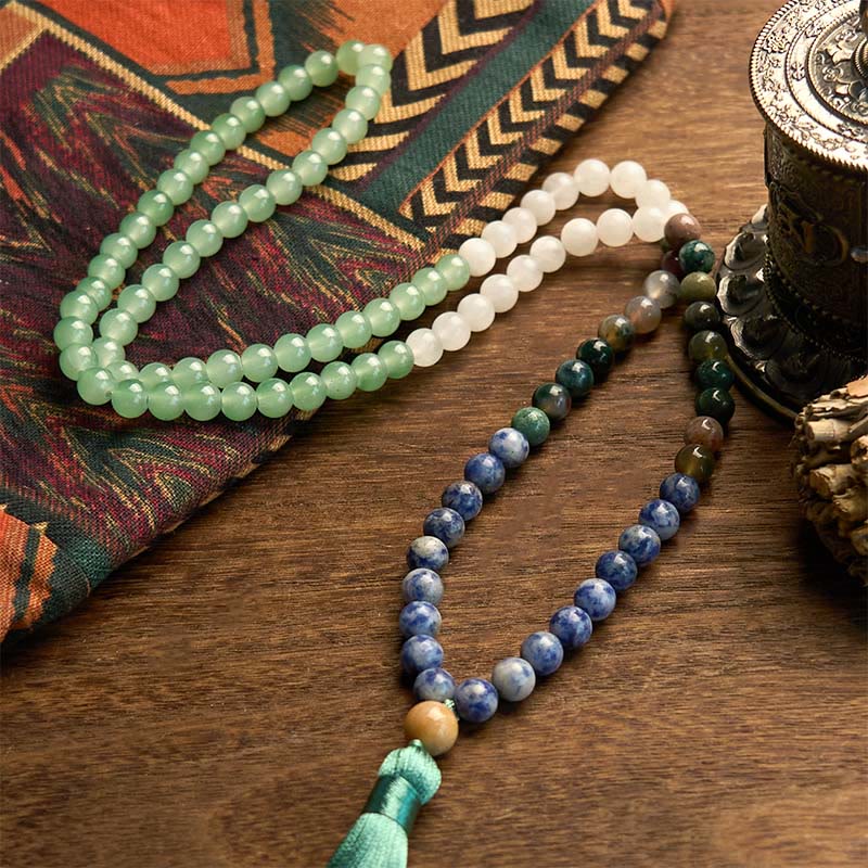 Buddha Stones 108 Mala Beads Natural Green Aventurina Blue Spot Jasper Agata indiana Green Tassel Bracciale portafortuna