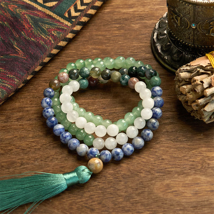 Buddha Stones 108 Mala Beads Natural Green Aventurina Blue Spot Jasper Agata indiana Green Tassel Bracciale portafortuna