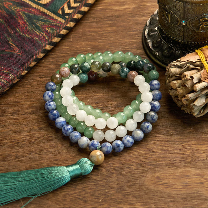 Buddha Stones 108 Mala Beads Natural Green Aventurina Blue Spot Jasper Agata indiana Green Tassel Bracciale portafortuna