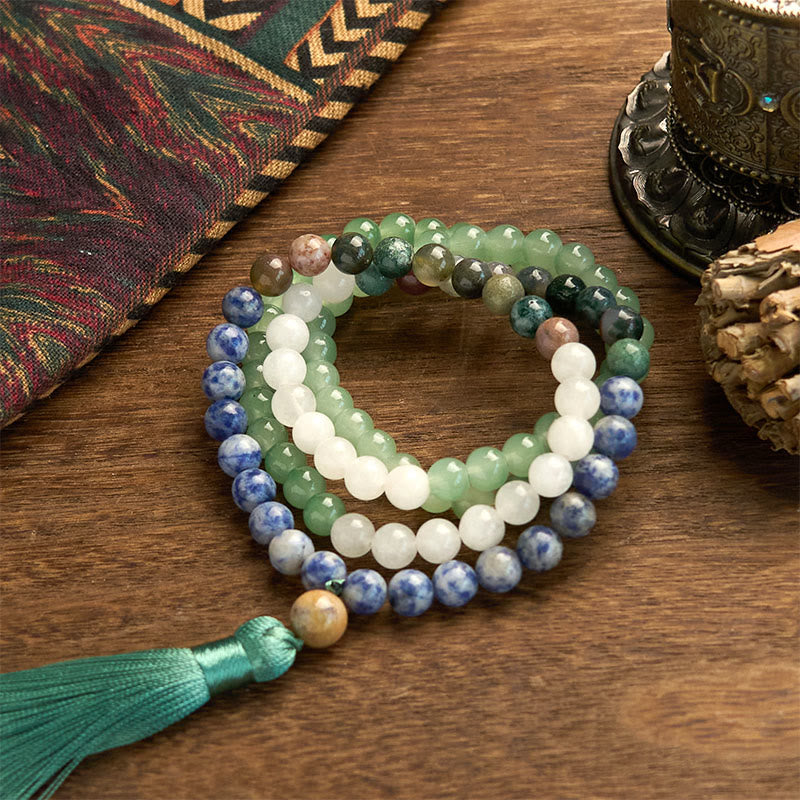 Buddha Stones 108 Mala Beads Natural Green Aventurina Blue Spot Jasper Agata indiana Green Tassel Bracciale portafortuna