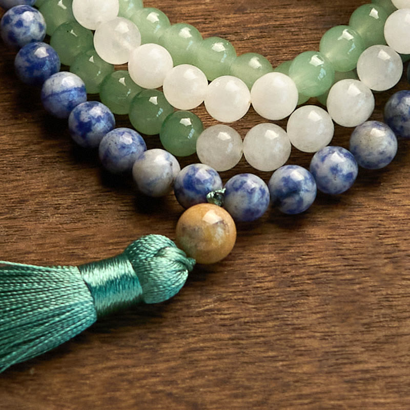 Buddha Stones 108 Mala Beads Natural Green Aventurina Blue Spot Jasper Agata indiana Green Tassel Bracciale portafortuna