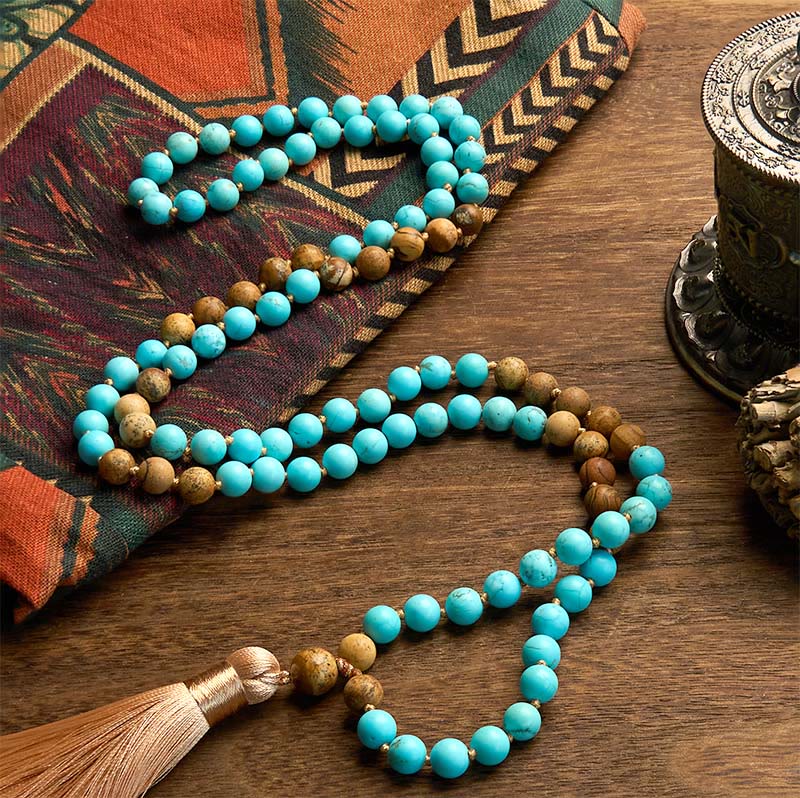 Buddha Stones 108 Mala Beads Turchese Picture Jasper Bead Tassel Braccialetto di equilibrio