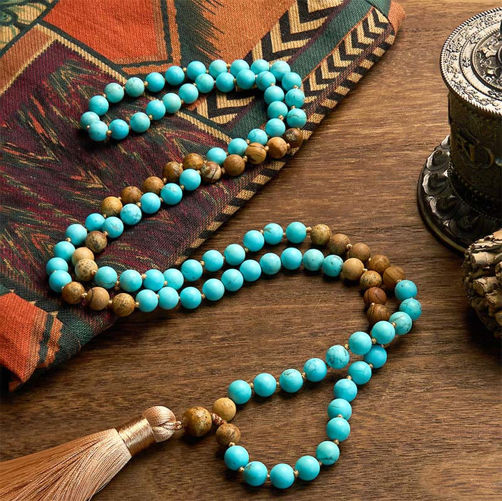 Buddha Stones 108 Mala Beads Turchese Picture Jasper Bead Tassel Braccialetto di equilibrio