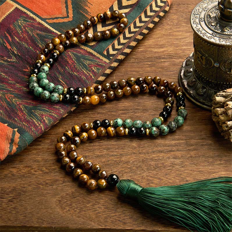 Buddha Stones 108 Mala Pietra Naturale Occhio di Tigre Perline Turchesi Nappa Braccialetto di Protezione