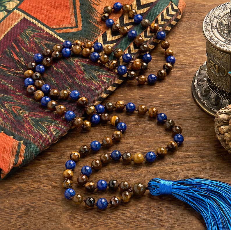 Buddha Stones 108 Perle Pietra Naturale Occhio di Tigre Lazurite Mala Nappa Braccialetto di Protezione