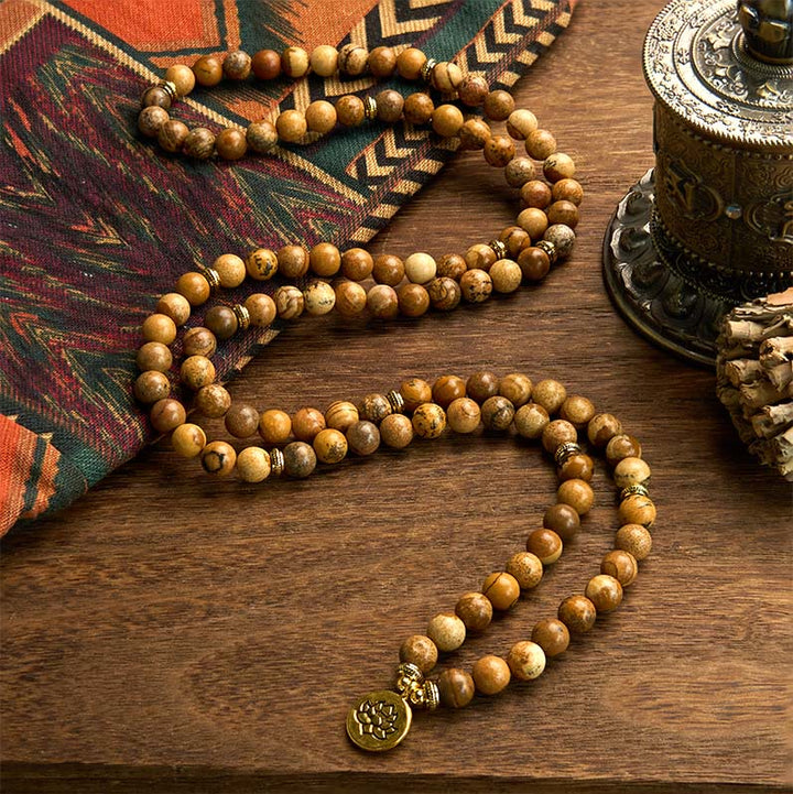 Buddha Stones 108 Perle Picture Jasper Mala Lotus Bracciale Coraggio